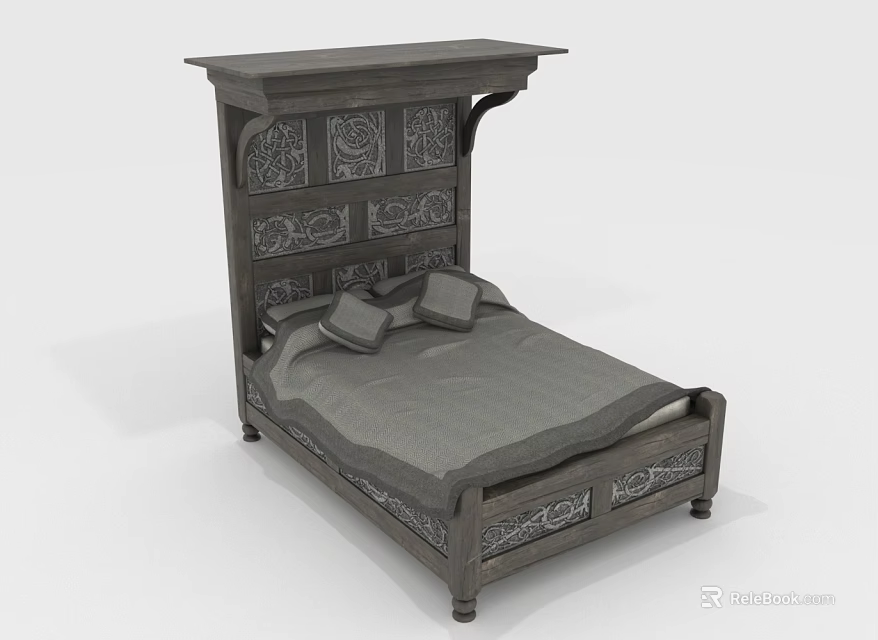 Dark Wooden Double Bed With Carved Headboard And Decorative Footboard 3d model 