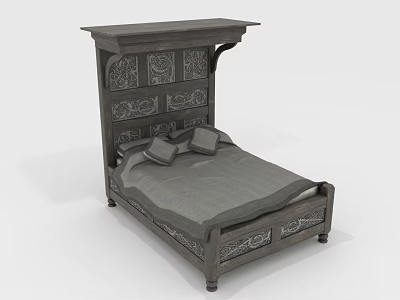 Dark Wooden Double Bed With Carved Headboard And Decorative Footboard 3d model