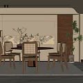 Modern Restaurant Interior With Round Wooden Table Rattan Chairs Plant And Wall Art