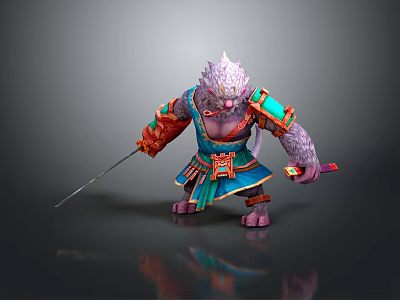 Game Fantasy Ape Warrior Character With Purple Fur Ornate Blue Red Armor And Sword 3d model