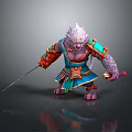 Game Fantasy Ape Warrior Character With Purple Fur Ornate Blue Red Armor And Sword