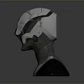 Futuristic Silver Metallic Combat Helmet With Black Shoulder Armor Geometric Cut Surface And Silver Stripes