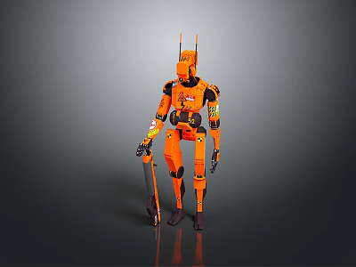 Orange Mechanical Robot Game And Movie Character With Antennae Holding Weapon 3d model