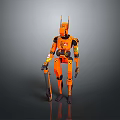 Orange Mechanical Robot Game And Movie Character With Antennae Holding Weapon