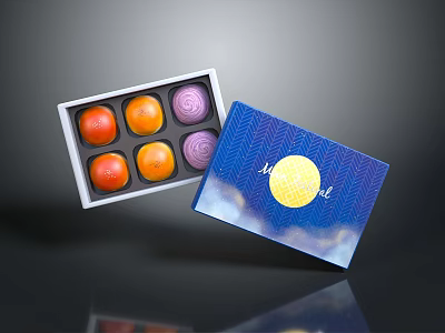 Six Colorful Round Mid-Autumn Mooncakes in Open Blue Gift Box with Moon Cloud Patterns 3d model