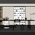 Minimalist Tea Room With Teapot Display Wall Long Marble Table Transparent Chairs And Green Plant