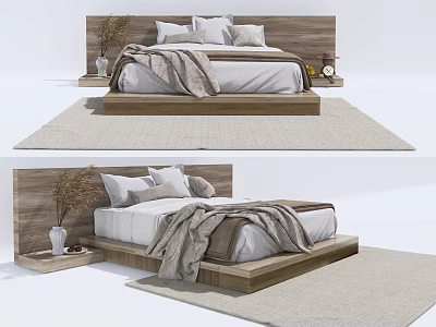 Modern Double Bed with Wooden Headboard White Bedding Nightstands Vase Dried Flowers and Rug 3d model