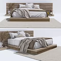 Modern Double Bed with Wooden Headboard White Bedding Nightstands Vase Dried Flowers and Rug