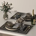 Stylish Dinnerware Set With Plates Wine Glasses Champagne Bottle And Floral Vase On Placemats