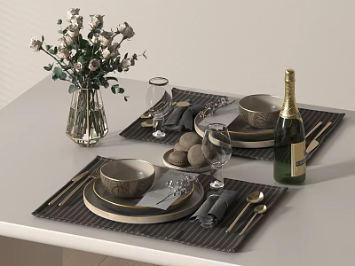 Stylish Dinnerware Set With Plates Wine Glasses Champagne Bottle And Floral Vase On Placemats 3d model