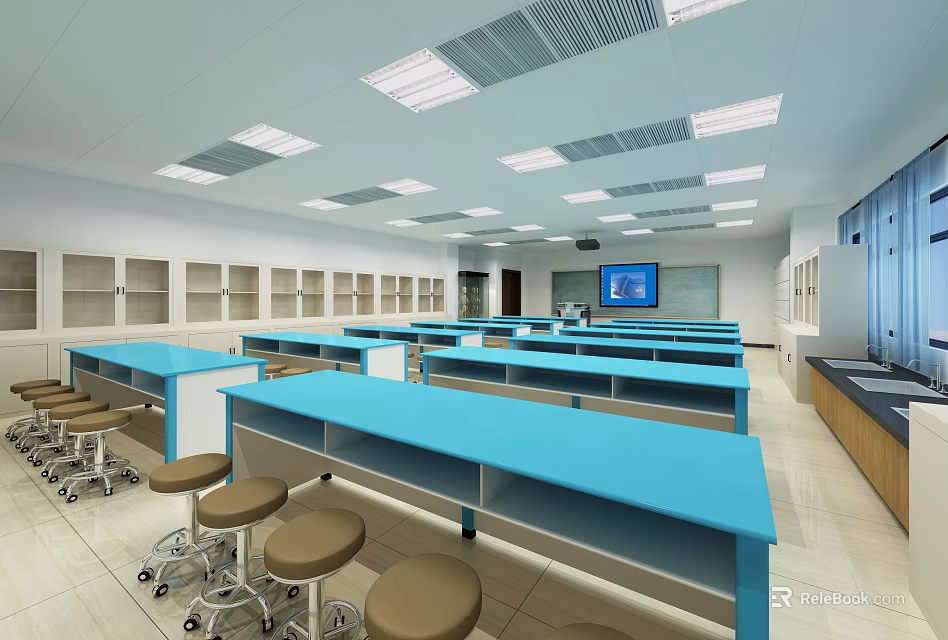 Modern Laboratory Interior Design With Blue Workbenches Rolling Stools And Wall Cabinets 3d model