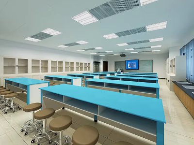 Modern Laboratory Interior Design With Blue Workbenches Rolling Stools And Wall Cabinets 3d model