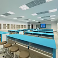 Modern Laboratory Interior Design With Blue Workbenches Rolling Stools And Wall Cabinets 3d model