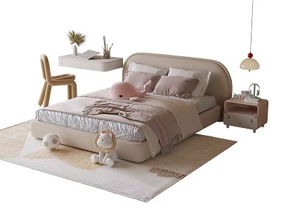 Cozy Children's Bed With Rounded Headboard Soft Bedding Plush Toys Side Table And Carpet 3d model