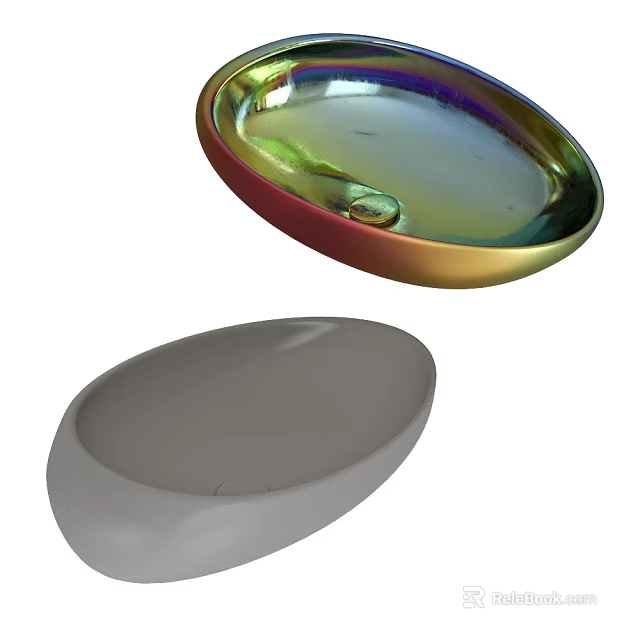 Two Modern Oval Countertop Washbasins With Iridescent And Gray Finishes 3d model 