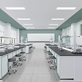 Modern Laboratory Interior With White Lab Benches Blue Backdrop And Scientific Equipment