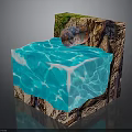 Rock Cube Structure With Blue Water Pool And Metal Pipe Plus Green Vegetation
