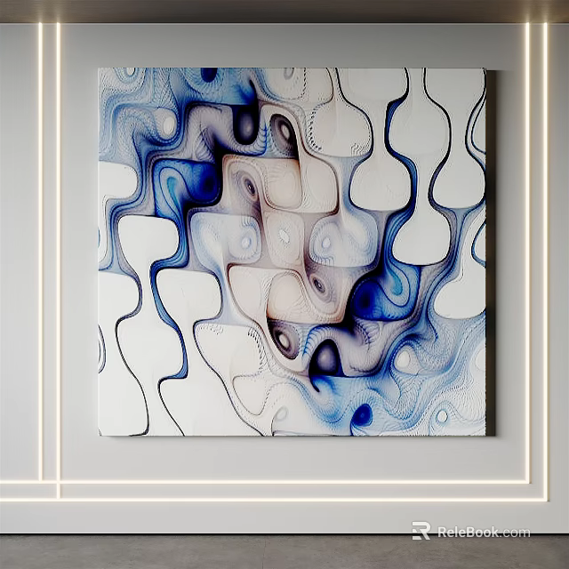 Abstract Painting With Blue And White Flowing Curves Modern Art Wall Decor 3d model 
