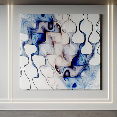 Abstract Painting With Blue And White Flowing Curves Modern Art Wall Decor 3d model