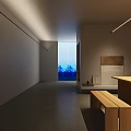 Minimalist Interior Space With Wooden Table Bench Gray Walls And Large Window Trees Outside