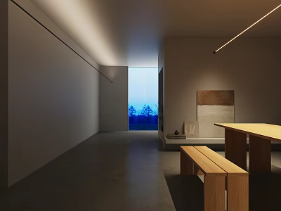 Minimalist Interior Space With Wooden Table Bench Gray Walls And Large Window Trees Outside 3d model