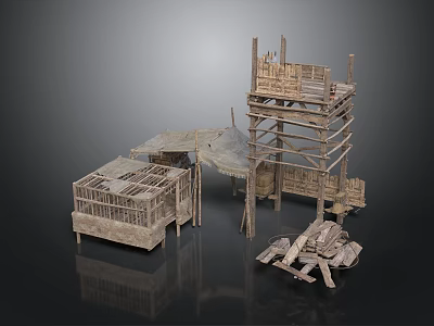 Ancient Wooden Architectural Structures Featuring Platforms Shelves Railings And Roof Frames 3d model