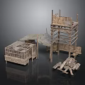 Ancient Wooden Architectural Structures Featuring Platforms Shelves Railings And Roof Frames