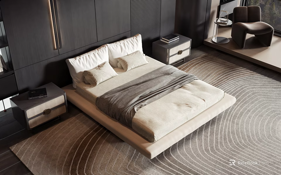 Modern Double Bed With Beige Mattress Soft Bedding And Nightstands On Wavy Pattern Rug 3d model 