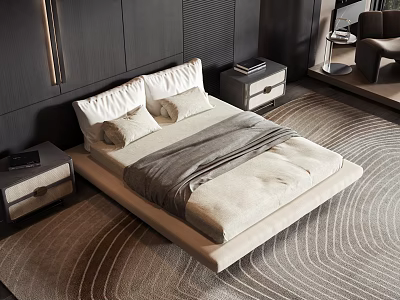 Modern Double Bed With Beige Mattress Soft Bedding And Nightstands On Wavy Pattern Rug 3d model