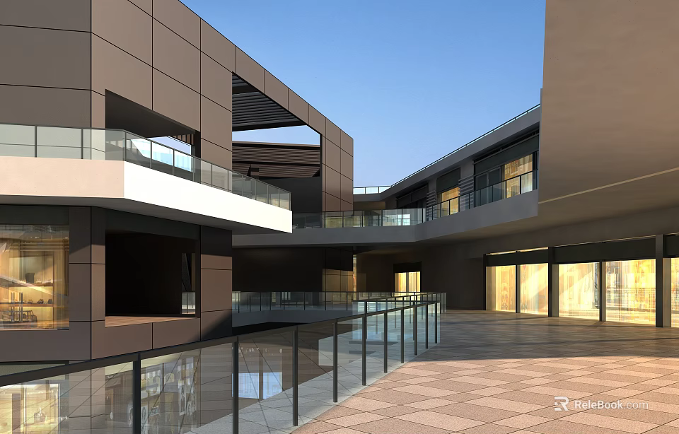 Modern Commercial Street With Gray Exterior Walls Glass Railings Multi Level Structure And Open Plaza 3d model 