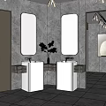 Modern Public Restroom Interior With Two White Washbasins Round Mirrors Green Plant And Recessed Lighting