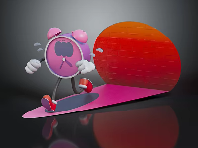 Cartoon Style Pink Alarm Clock with Arms Legs Running on Pink Platform with Red Background 3d model
