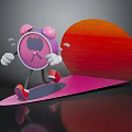 Cartoon Style Pink Alarm Clock with Arms Legs Running on Pink Platform with Red Background