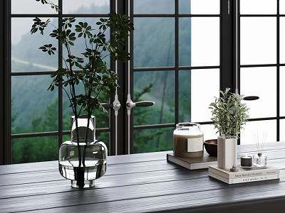 Green Foliage In Glass And White Vases On Wooden Tabletop By Window With Mountain View 3d model