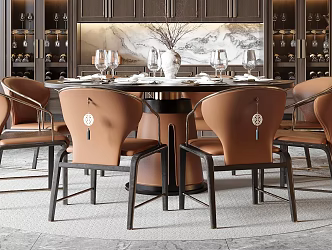 New Chinese Dining Table and Chair Combination Round Dining Table Dining Chair Single Chair Wine Cabinet 3d model