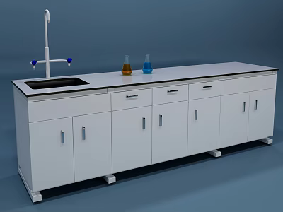 Functional Laboratory Table with White Cabinets Drawers Faucet Sink and Conical Flasks 3d model