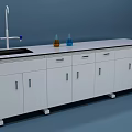 Functional Laboratory Table with White Cabinets Drawers Faucet Sink and Conical Flasks 3d model