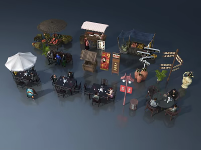 Outdoor Landscape Sculptures in Market Scene with Umbrellas Stalls Tables and Potted Plants 3d model