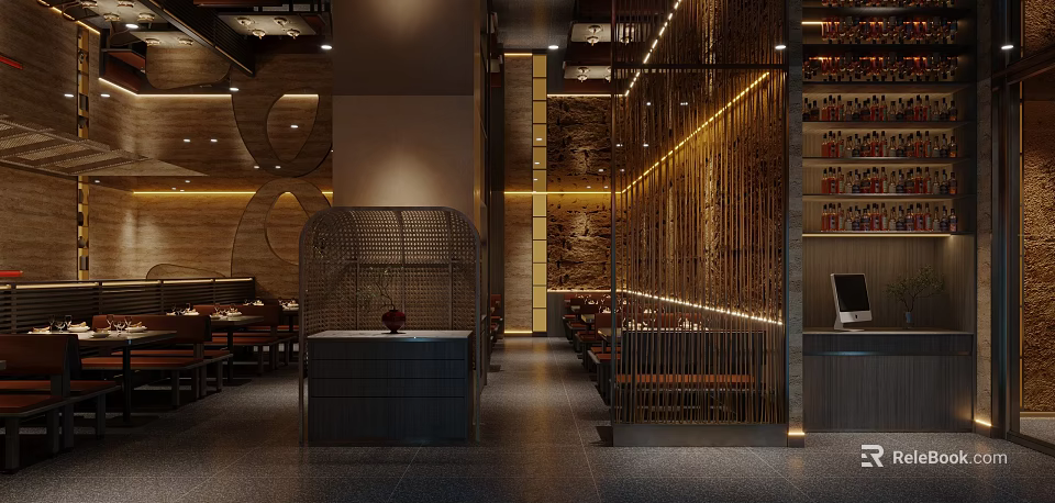 Elegant Modern Restaurant Interior With Wooden Decor Ambient Lighting And Seating Area 3d model 
