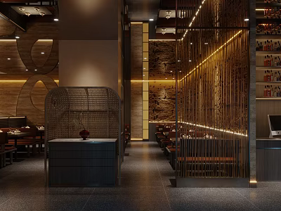 Elegant Modern Restaurant Interior With Wooden Decor Ambient Lighting And Seating Area 3d model