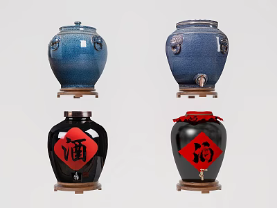 Traditional Blue and Black Ceramic Jars with Red Wine Fortune Characters Wooden Base and Faucet 3d model