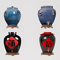 Traditional Blue and Black Ceramic Jars with Red Wine Fortune Characters Wooden Base and Faucet