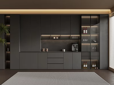 Modern Kitchen Interior With Dark Cabinets Open Shelving Wine Bottles And Coffee Machine 3d model