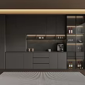 Modern Kitchen Interior With Dark Cabinets Open Shelving Wine Bottles And Coffee Machine