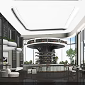 Elegant Spacious Luxury Hotel Lobby With Unique Central Bar And Large Floor To Ceiling Windows