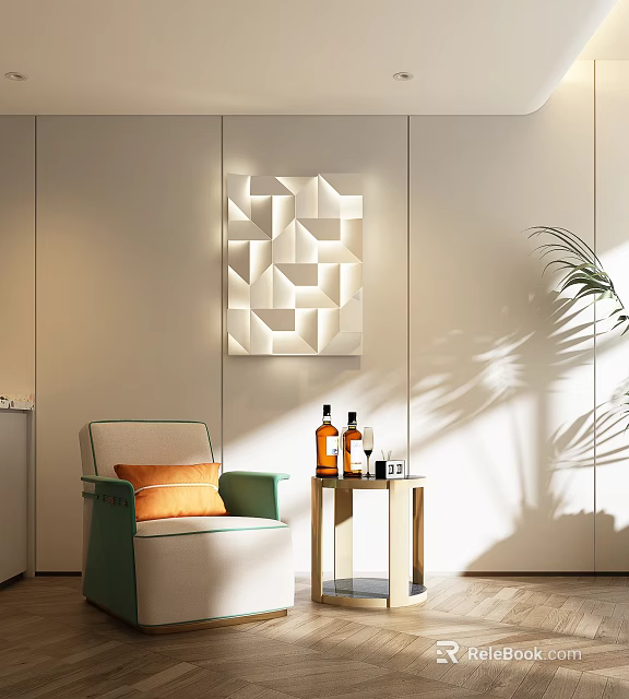 Modern Accent Chair With Green Beige Upholstery Orange Cushion Side Table Bottles Geometric Wall Art 3d model 