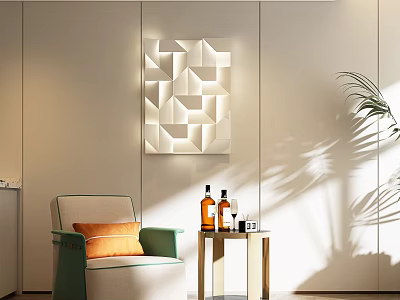 Modern Accent Chair With Green Beige Upholstery Orange Cushion Side Table Bottles Geometric Wall Art 3d model