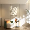 Modern Accent Chair With Green Beige Upholstery Orange Cushion Side Table Bottles Geometric Wall Art