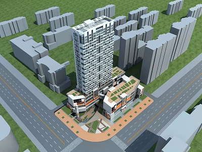 Modern High Rise Office Building In Urban Area With Surrounding Buildings And Green Space 3d model