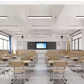 School Classroom Interior With Modern Desks Chairs Smart Board And Bright Lighting